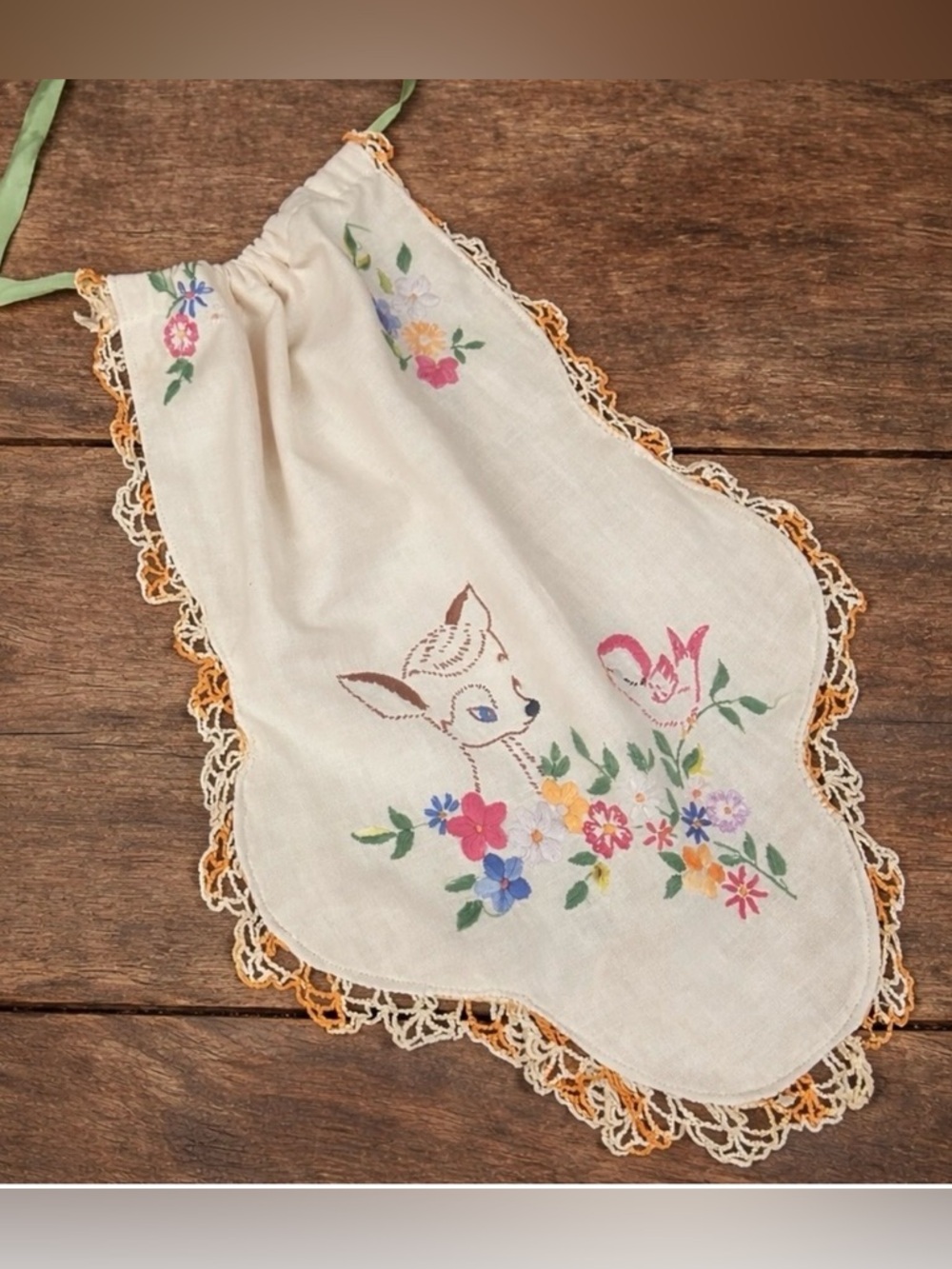 Vintage embroidered jabot fabric necklace deer bird woodland animals  lace